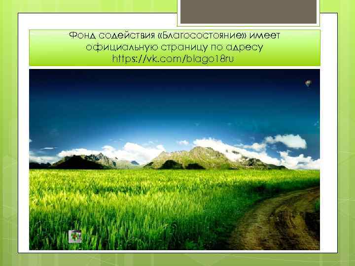 Фонд содействия «Благосостояние» имеет официальную страницу по адресу https: //vk. com/blago 18 ru 