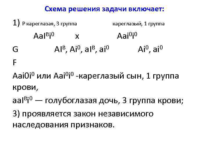 Схема решения задачи включает: 1) Р кареглазая, 3 группа кареглазый, 1 группа Aa. IBi