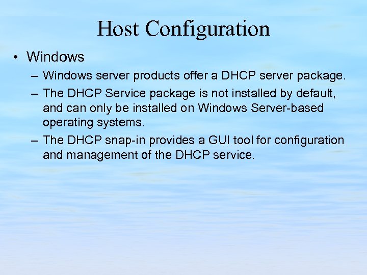 Host Configuration • Windows – Windows server products offer a DHCP server package. –