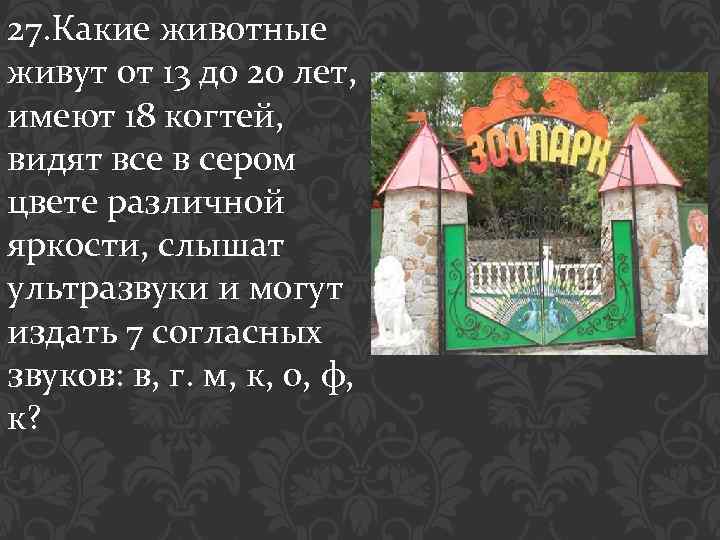 27. Какие животные живут от 13 до 20 лет, имеют 18 когтей, видят все