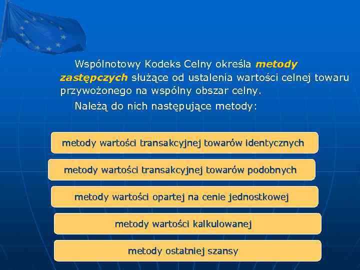 Wspólnotowy Kodeks Celny określa metody zastępczych służące od ustalenia wartości celnej towaru przywożonego na