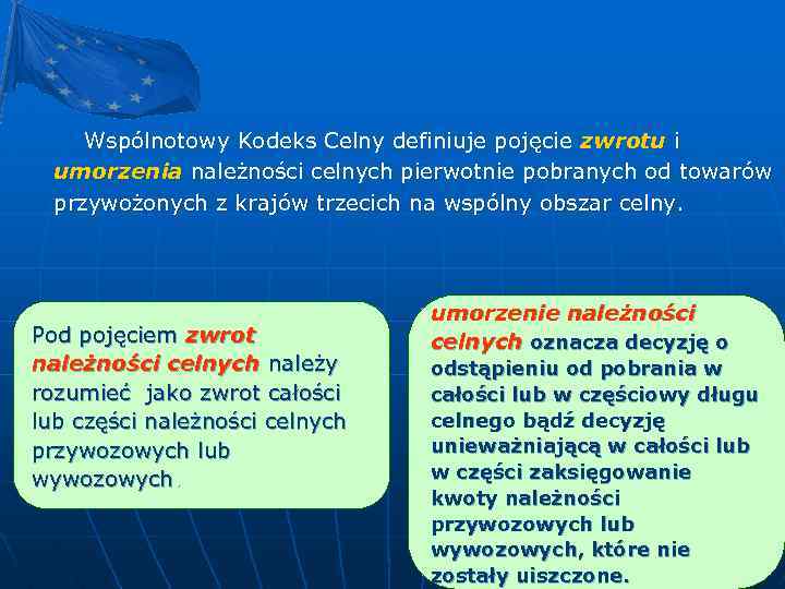 Wspólnotowy Kodeks Celny definiuje pojęcie zwrotu i umorzenia należności celnych pierwotnie pobranych od towarów