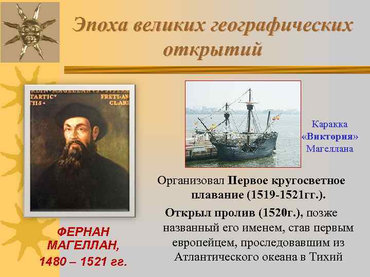 Эпоха великих географических открытий Каракка «Виктория» Магеллана ФЕРНАН МАГЕЛЛАН, 1480 – 1521 гг. Организовал