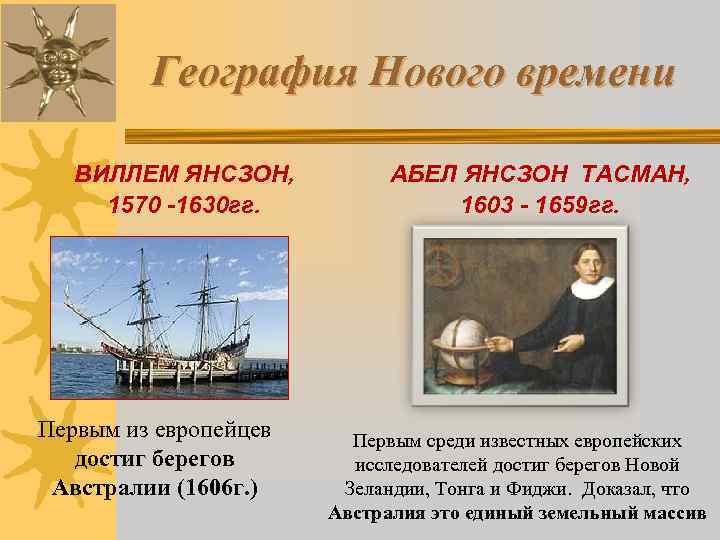 География Нового времени ВИЛЛЕМ ЯНСЗОН, 1570 -1630 гг. Первым из европейцев достиг берегов Австралии