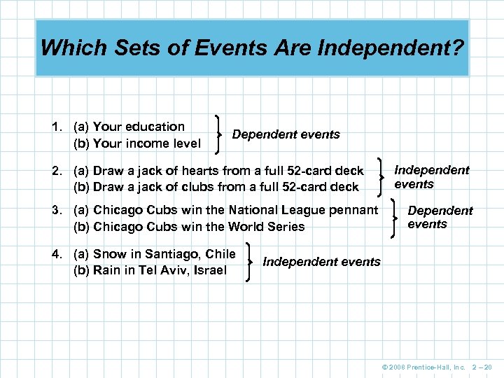 Which Sets of Events Are Independent? 1. (a) Your education (b) Your income level