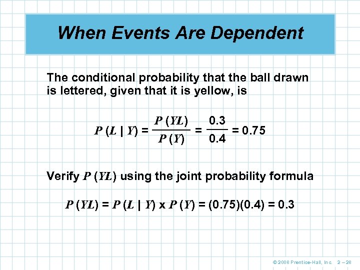 When Events Are Dependent The conditional probability that the ball drawn is lettered, given