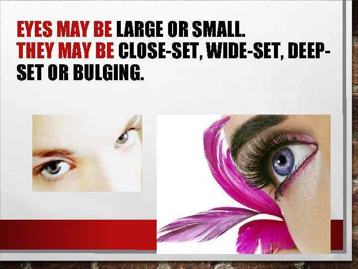 EYES MAY BE LARGE OR SMALL. THEY MAY BE CLOSE-SET, WIDE-SET, DEEPSET OR BULGING.