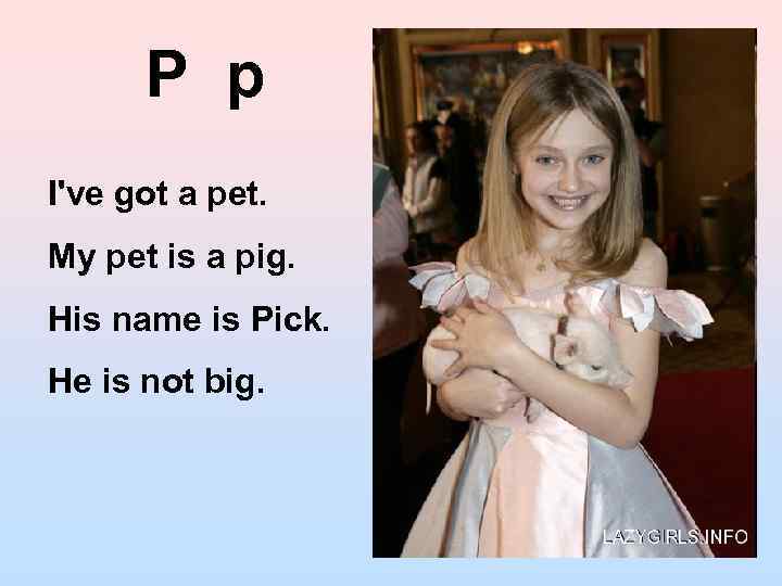 P p I've got a pet. My pet is a pig. His name is