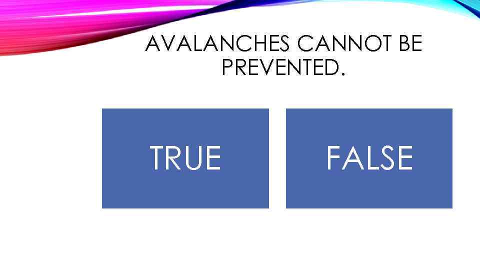 AVALANCHES CANNOT BE PREVENTED. TRUE FALSE 