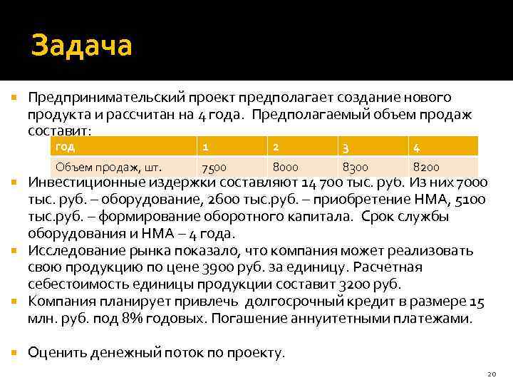 Задача Предпринимательский проект предполагает создание нового продукта и рассчитан на 4 года. Предполагаемый объем