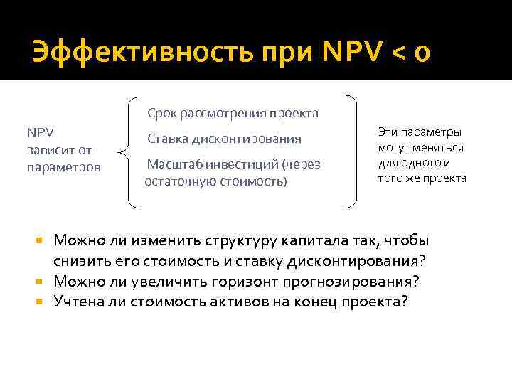 Эффективность при NPV < 0 Срок рассмотрения проекта NPV зависит от параметров Ставка дисконтирования
