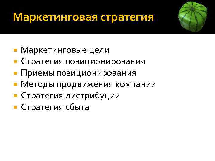 Маркетинговая стратегия Маркетинговые цели Стратегия позиционирования Приемы позиционирования Методы продвижения компании Стратегия дистрибуции Стратегия
