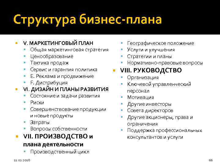 Структура бизнес-плана Географическое положение V. МАРКЕТИНГОВЫЙ ПЛАН Общая маркетинговая стратегия Услуги и улучшения Ценообразование
