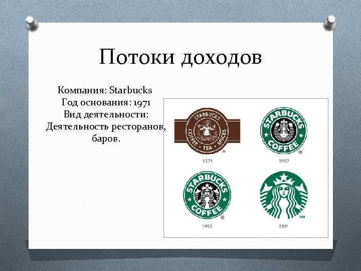 Потоки доходов Компания: Starbucks Год основания: 1971 Вид деятельности: Деятельность ресторанов, баров. 
