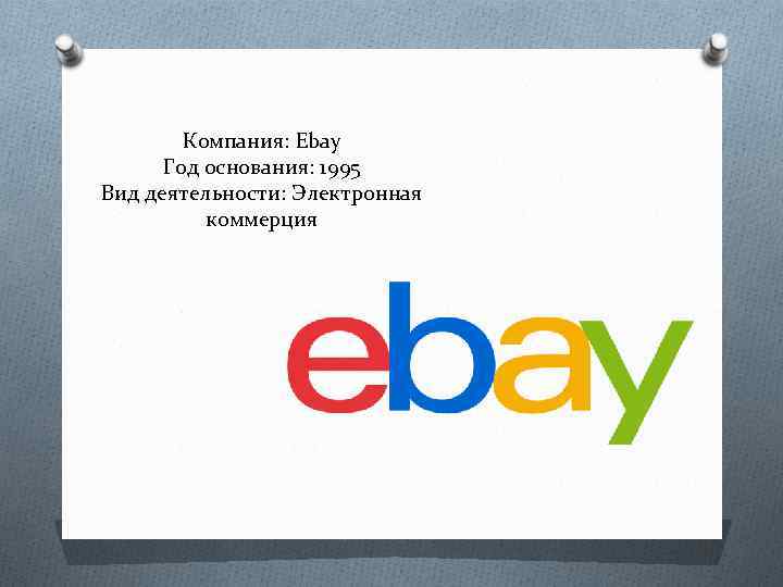 Компания: Ebay Год основания: 1995 Вид деятельности: Электронная коммерция 