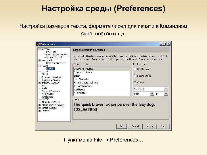 Настройка среды (Preferences) Настройка размеров текста, формата чисел для печати в Командном окне, цветов