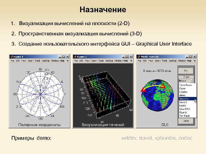 Назначение 1. Визуализация вычислений на плоскости (2 -D) 2. Пространственная визуализация вычислений (3 -D)