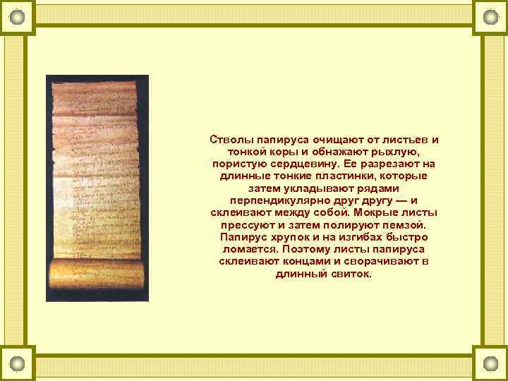 Стволы папируса очищают от листьев и тонкой коры и обнажают рыхлую, пористую сердцевину. Ее