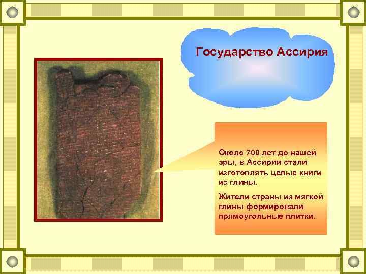 Государство Ассирия Около 700 лет до нашей эры, в Ассирии стали изготовлять целые книги