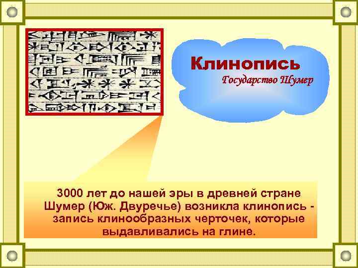 Клинопись Государство Шумер 3000 лет до нашей эры в древней стране Шумер (Юж. Двуречье)