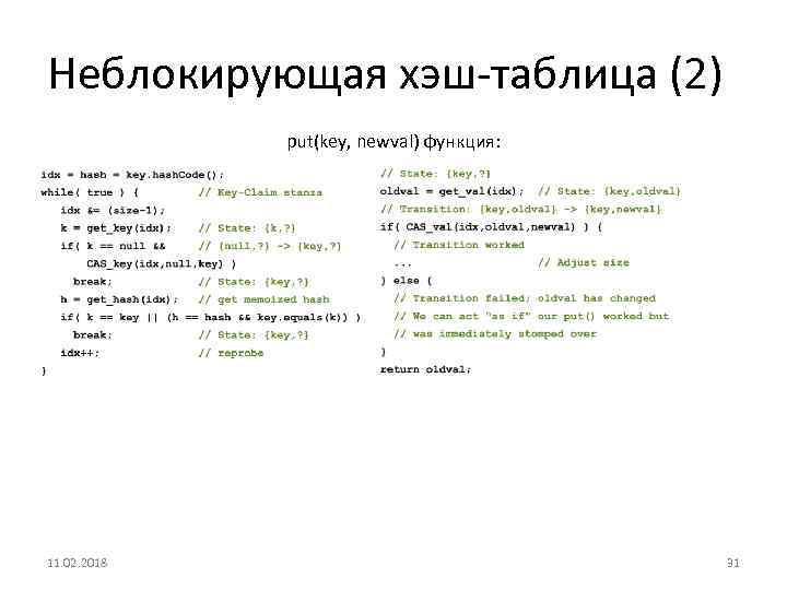 Неблокирующая хэш-таблица (2) put(key, newval) функция: 11. 02. 2018 31 