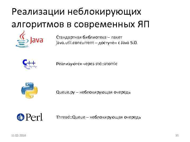 Реализации неблокирующих алгоритмов в современных ЯП Стандартная библиотека – пакет java. util. concurrent –