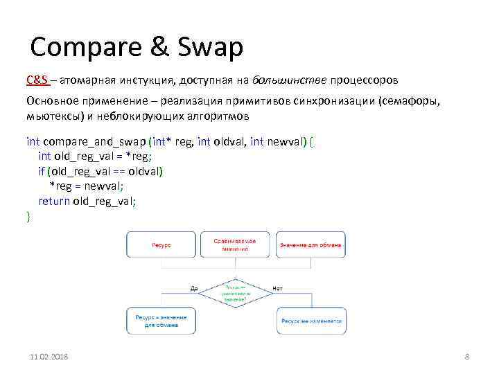 Compare & Swap С&S – атомарная инстукция, доступная на большинстве процессоров Основное применение –