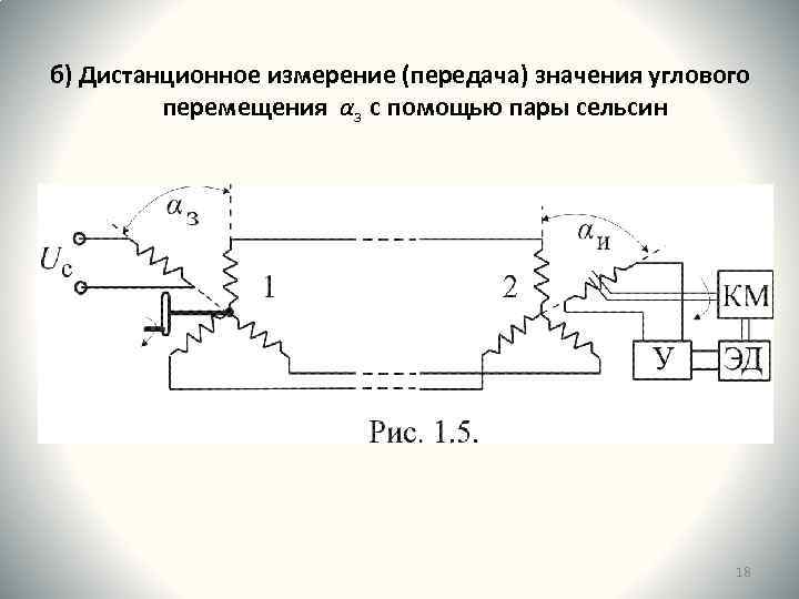 б) Дистанционное измерение (передача) значения углового перемещения αз с помощью пары сельсин 18 