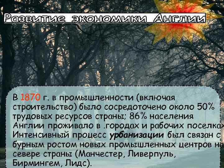 В 1870 г. в промышленности (включая строительство) было сосредоточено около 50% трудовых ресурсов страны;