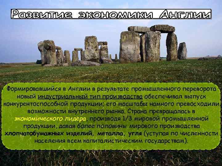 Формировавшийся в Англии в результате промышленного переворота новый индустриальный тип производства обеспечивал выпуск конкурентоспособной