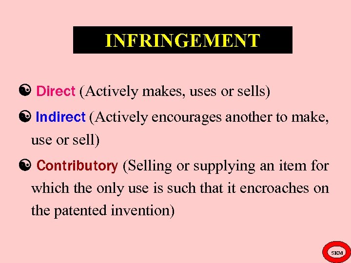 INFRINGEMENT Direct (Actively makes, uses or sells) Indirect (Actively encourages another to make, use