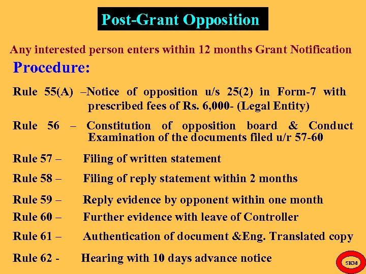 Post-Grant Opposition Any interested person enters within 12 months Grant Notification Procedure: Rule 55(A)
