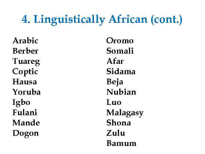4. Linguistically African (cont. ) Arabic Berber Tuareg Coptic Hausa Yoruba Igbo Fulani Mande