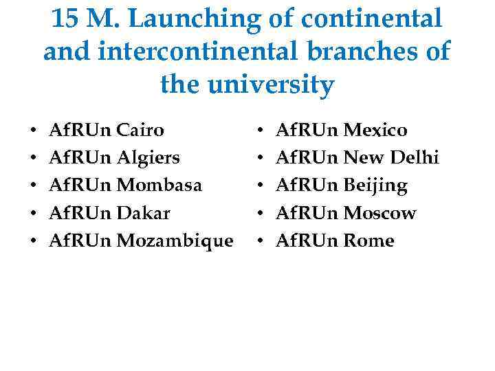 15 M. Launching of continental and intercontinental branches of the university • • •