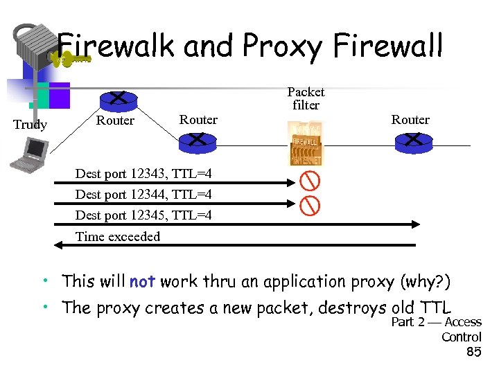 Firewalk and Proxy Firewall Trudy Router Packet filter Router Dest port 12343, TTL=4 Dest