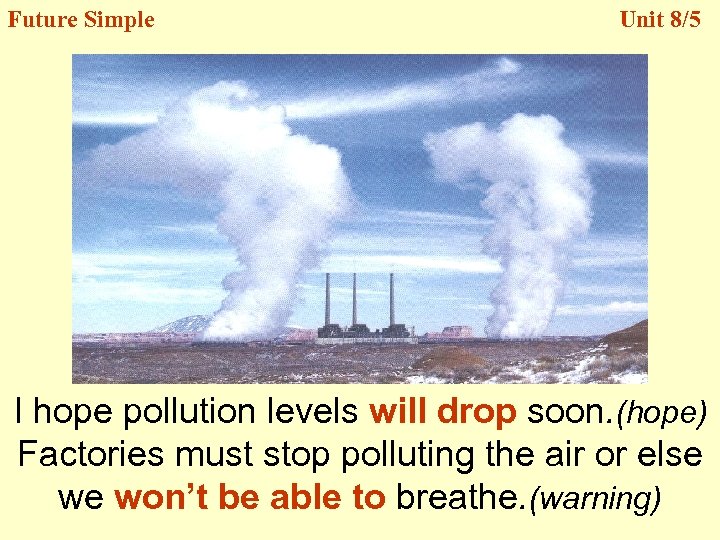 Future Simple Unit 8/5 I hope pollution levels will drop soon. (hope) Factories must