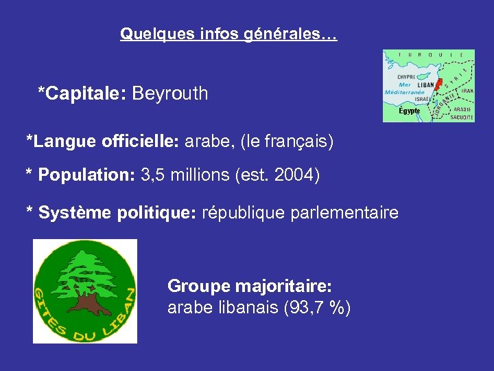 Quelques infos générales… *Capitale: Beyrouth *Langue officielle: arabe, (le français) * Population: 3, 5