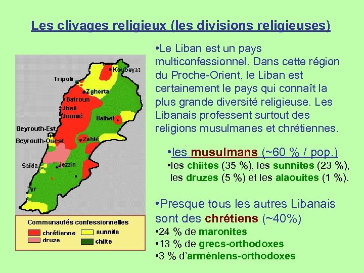 Les clivages religieux (les divisions religieuses) • Le Liban est un pays multiconfessionnel. Dans