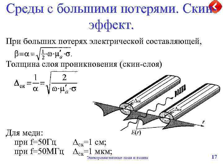 Среды с большими потерями. Скинэффект. При больших потерях электрической составляющей, Толщина слоя проникновения (скин-слоя)