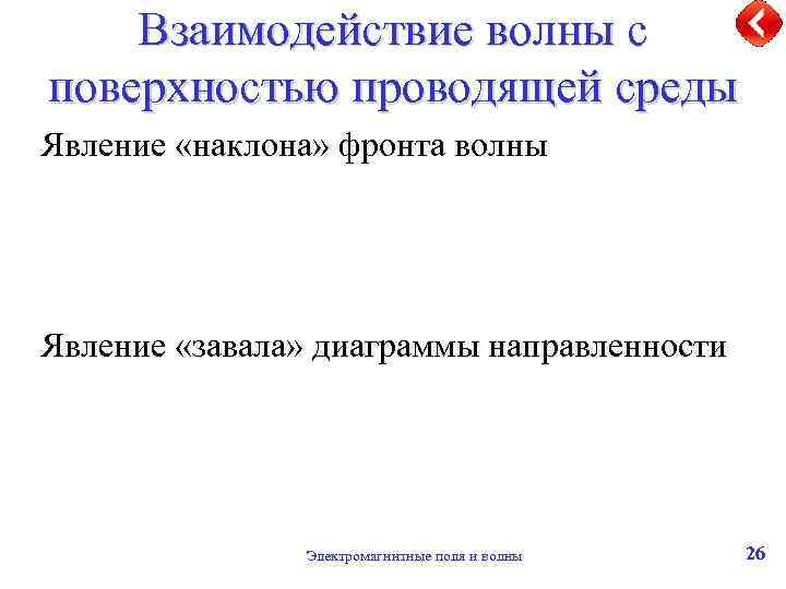 Взаимодействие волны с поверхностью проводящей среды Явление «наклона» фронта волны Явление «завала» диаграммы направленности