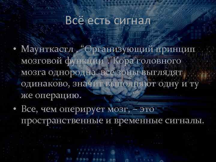 Всё есть сигнал • Маунткастл , “Организующий принцип мозговой функции”. Кора головного мозга однородна,