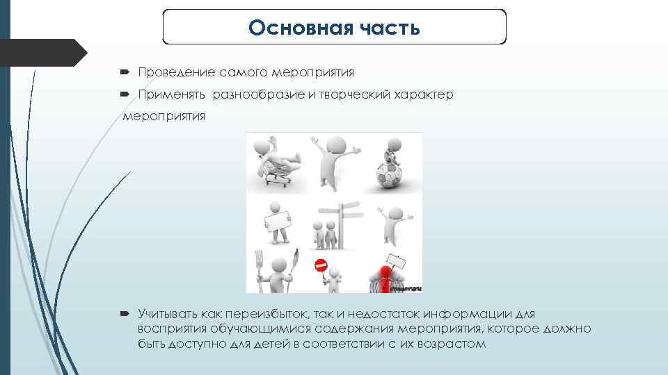 Основная часть Проведение самого мероприятия Применять разнообразие и творческий характер мероприятия Учитывать как переизбыток,