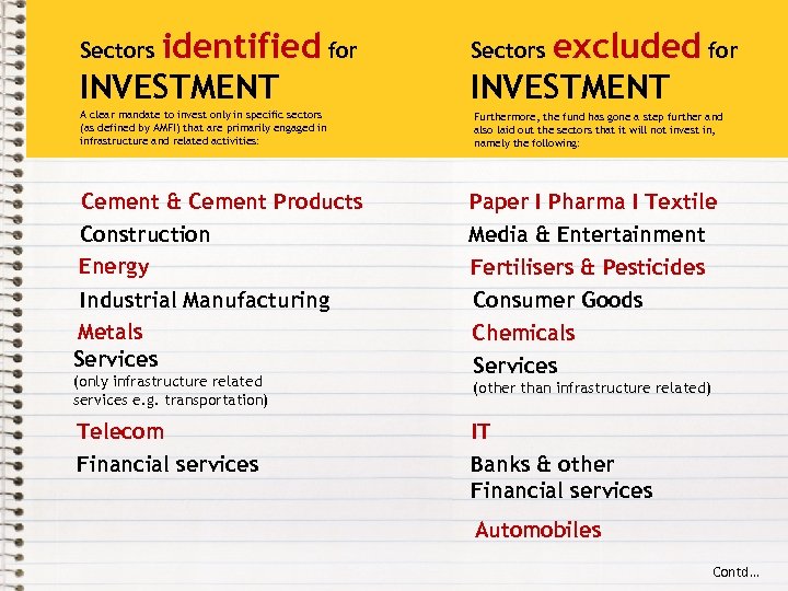 identified for INVESTMENT excluded for INVESTMENT Sectors A clear mandate to invest only in