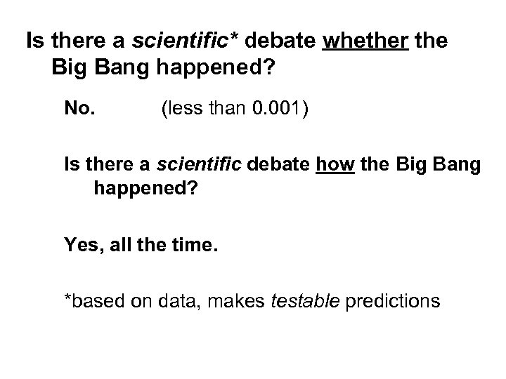 Is there a scientific* debate whether the Big Bang happened? No. (less than 0.