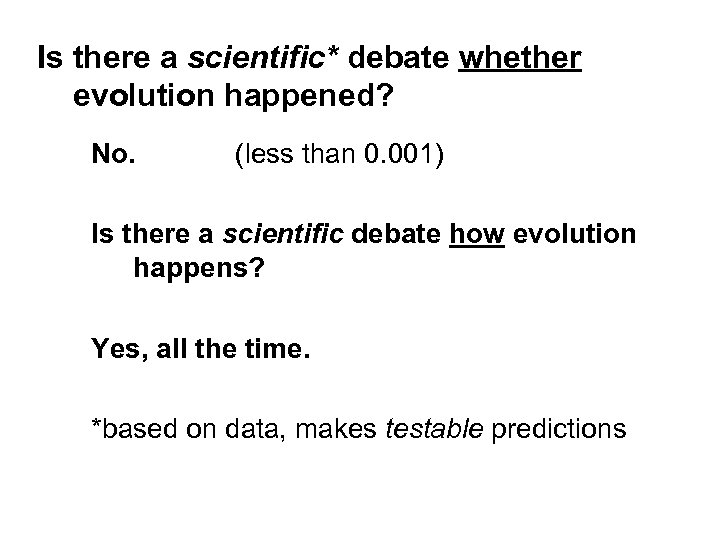Is there a scientific* debate whether evolution happened? No. (less than 0. 001) Is