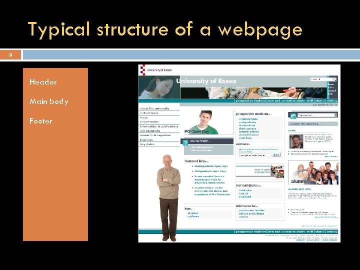 Typical structure of a webpage 5 Header Main body Footer 