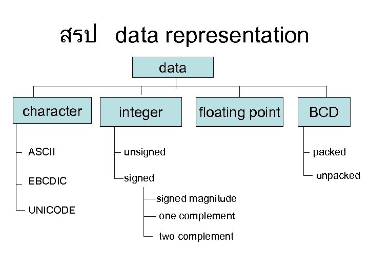 สรป data representation data character integer floating point BCD ASCII unsigned packed EBCDIC signed