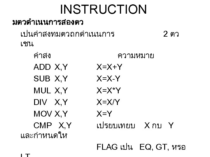 INSTRUCTION มตวดำเนนการสองตว เปนคำสงทมตวถกดำเนนการ 2 ตว เชน คำสง ความหมาย ADD X, Y X=X+Y SUB X,