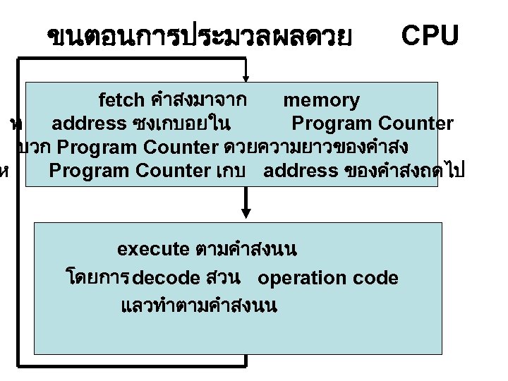 ขนตอนการประมวลผลดวย CPU fetch คำสงมาจาก memory ท address ซงเกบอยใน Program Counter บวก Program Counter ดวยความยาวของคำสง