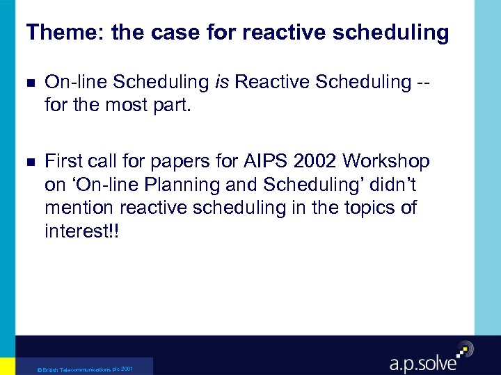 Theme: the case for reactive scheduling g g On-line Scheduling is Reactive Scheduling -for